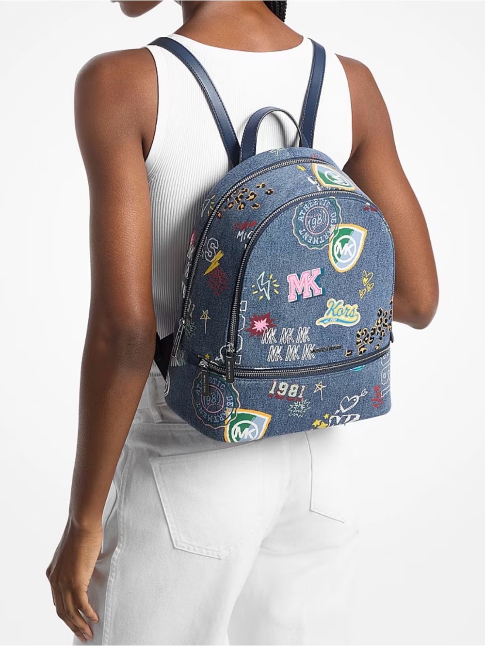 Michael Kors Denim Patch MK Logo Backpack - Blue with Multicolor Accents